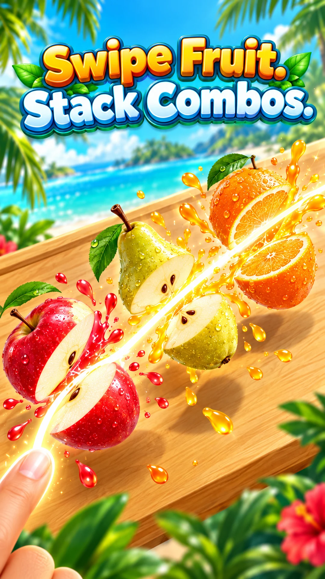 Juicy-Dash artwork: a glowing swipe slicing an apple, pear and orange